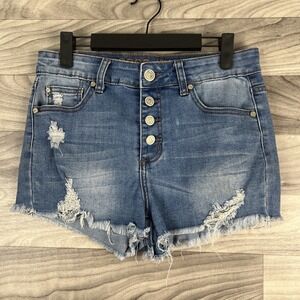 GoGo Jeans Juniors Womens High Rise Denim Shorts Size 7 Distressed Medium Wash‎
